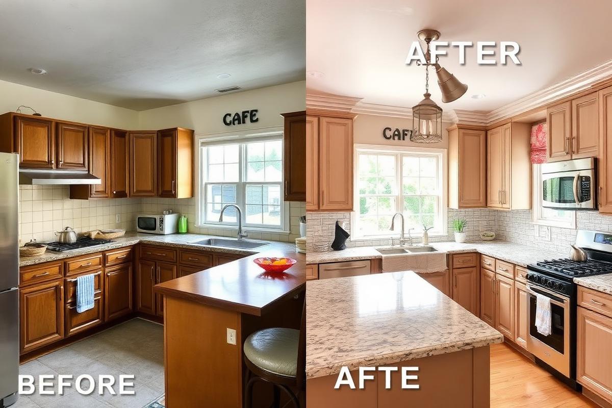 Before and after kitchen makeover transformation showing dramatic improvement