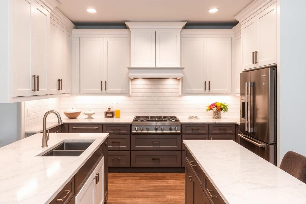 Luxury kitchen makeover with quartz countertops and two-tone cabinetry