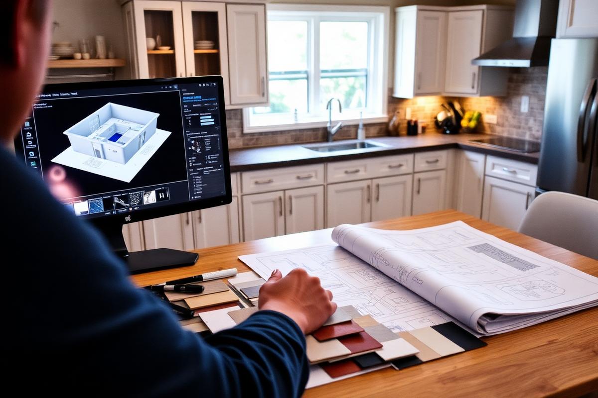 Kitchen makeover planning session with 3D renderings and material samples