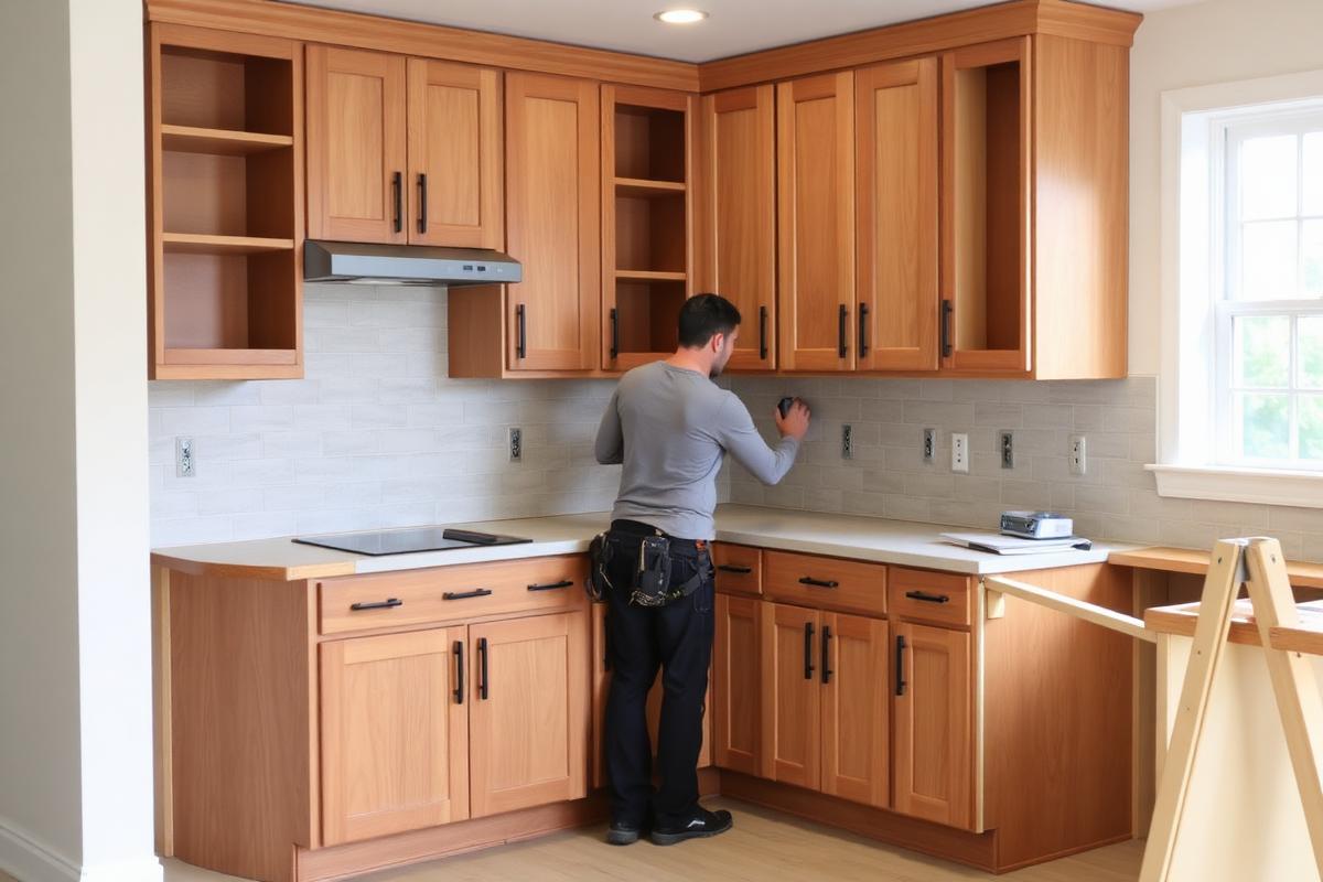 Kitchen makeover in progress with professional cabinet installation